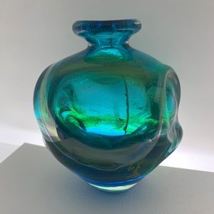 Vintage Mdina Pulled Ear Vase - Blue with Green and Yellow streaks - Signed